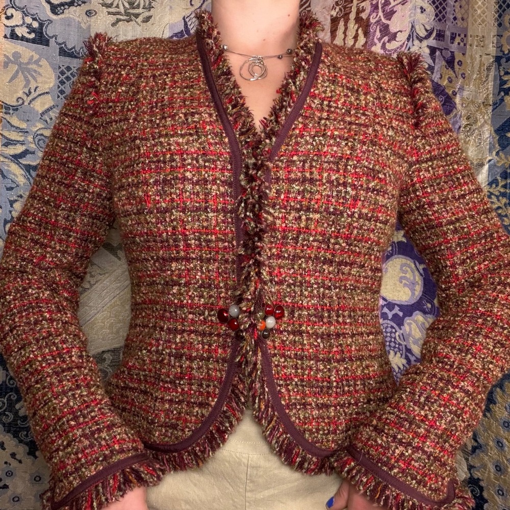 Wool Blend Whimsy Fringed Trim Fitted Tweed Blazer Boho Shabby Chic Phoebe M